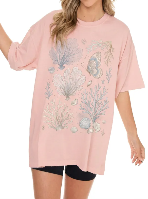 Women's Coastal Beach Lover Coral Butterfly Seashell Printed T-shirt