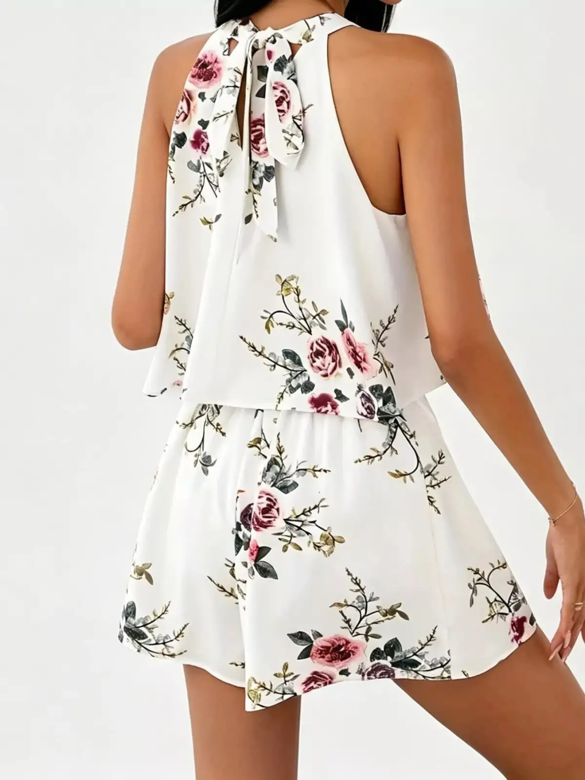 Halter-Neck Pleated Floral-Print Shorts Matching Set