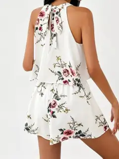 Halter-Neck Pleated Floral-Print Shorts Matching Set
