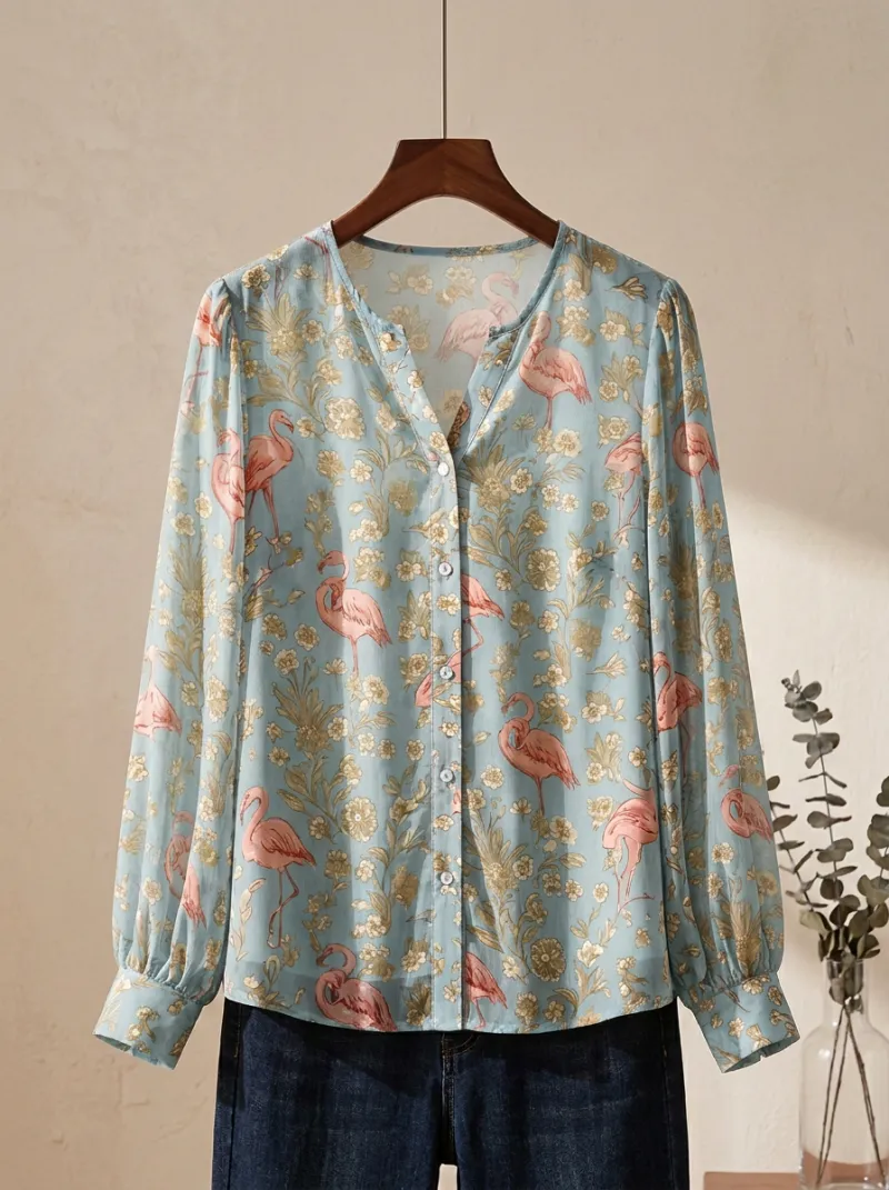 Flamingo Floral Nature Women's Loose Printed Blouse
