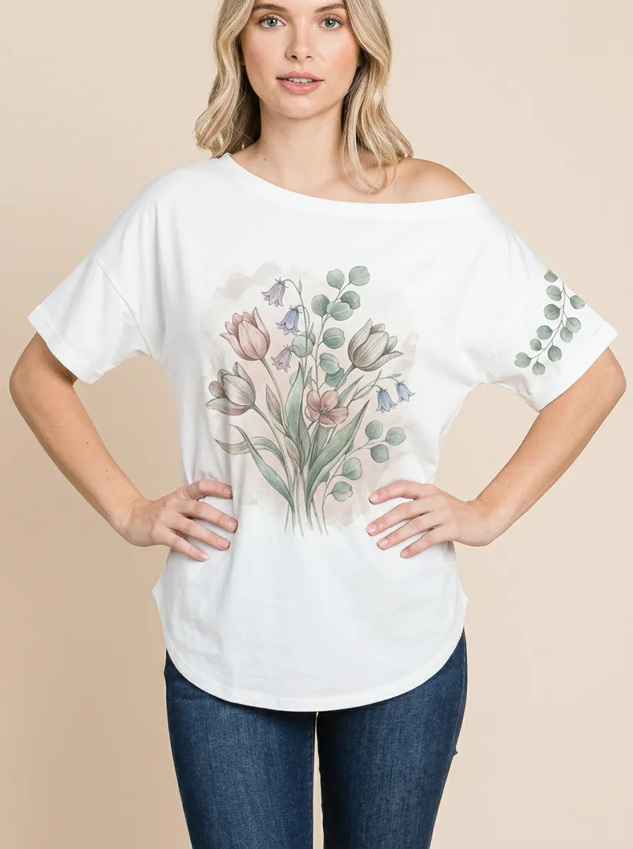 Women's Botanical Floral Tulip Eucalyptus Printed T-shirt