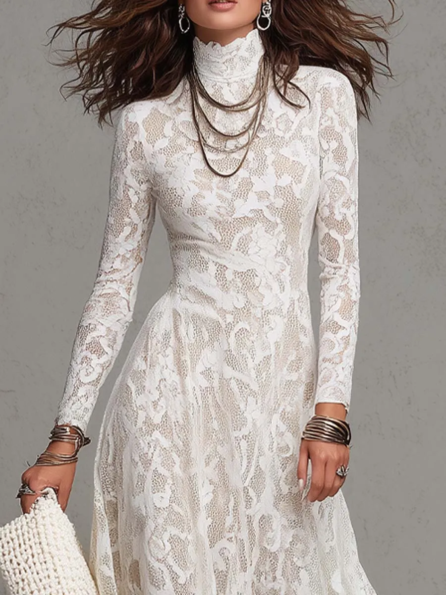 Elegant Sheer Floral Lace Turtleneck Long Sleeve Midi Dress