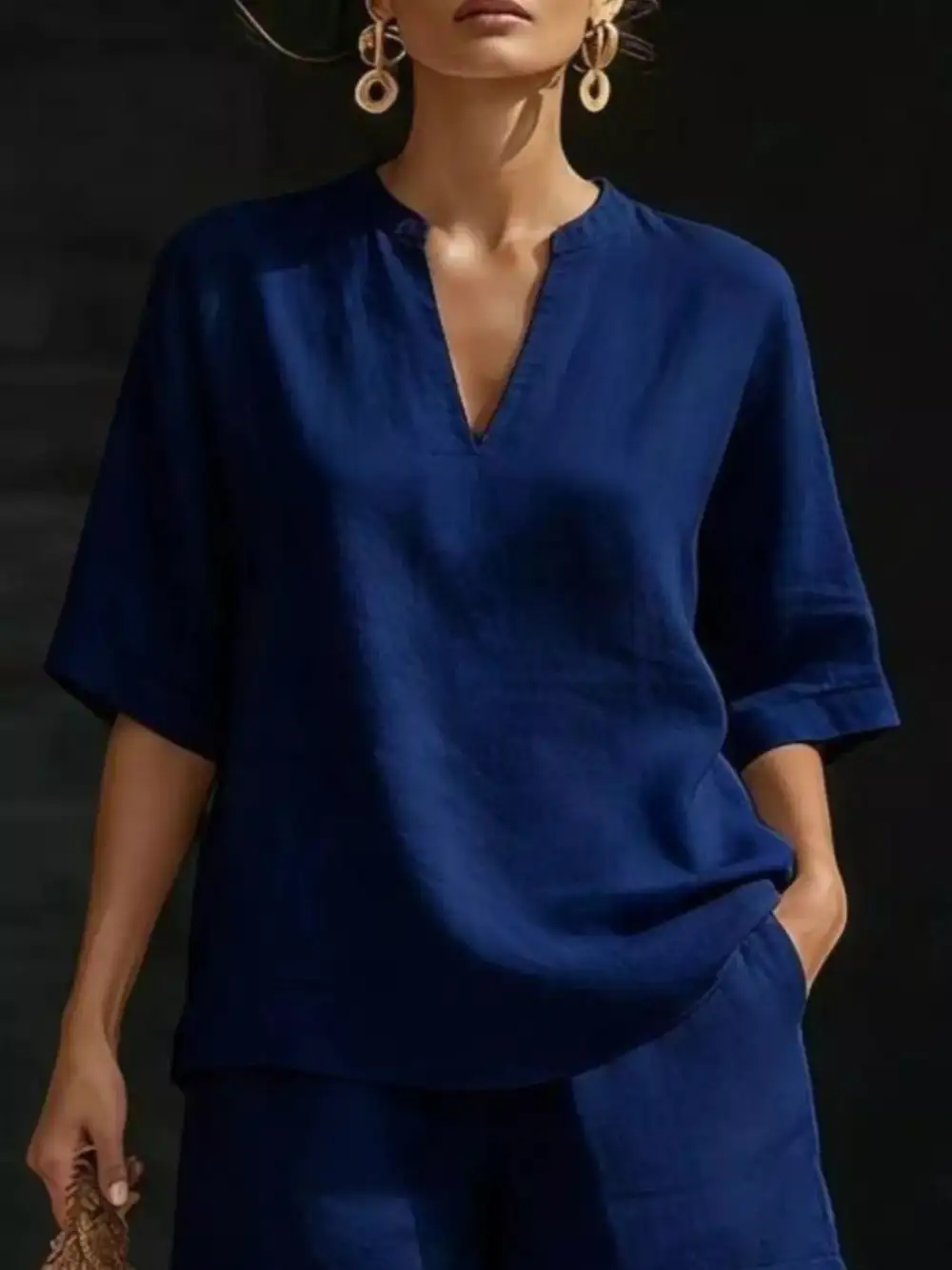 Notched Half Sleeve Top Shorts Set Plus