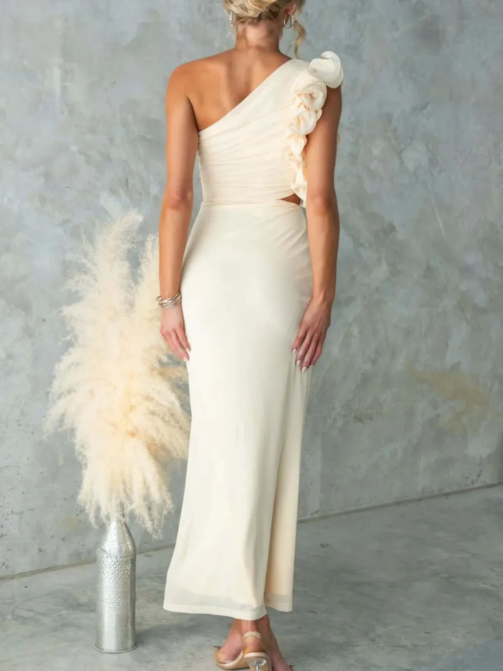 Ruched One-Shoulder Sleeveless Floral Maxi Dress