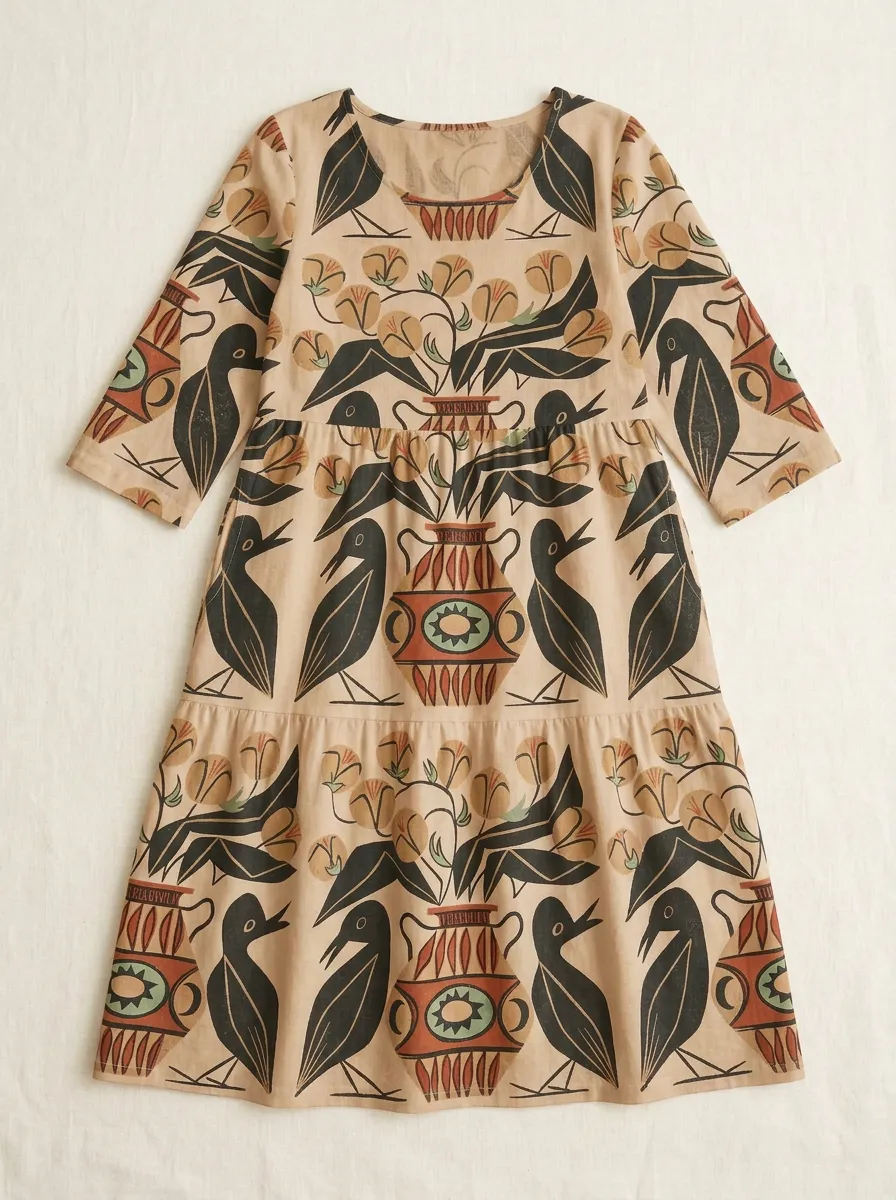Folk Art Bird And Vase Pattern Dress