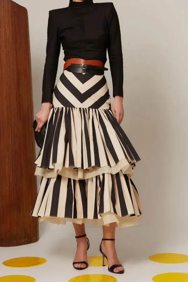 Striped Tiered Midi Skirt
