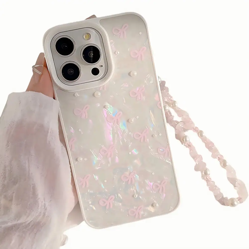 Bow Cat Wrist Strap Beaded Wristlet Phone Case