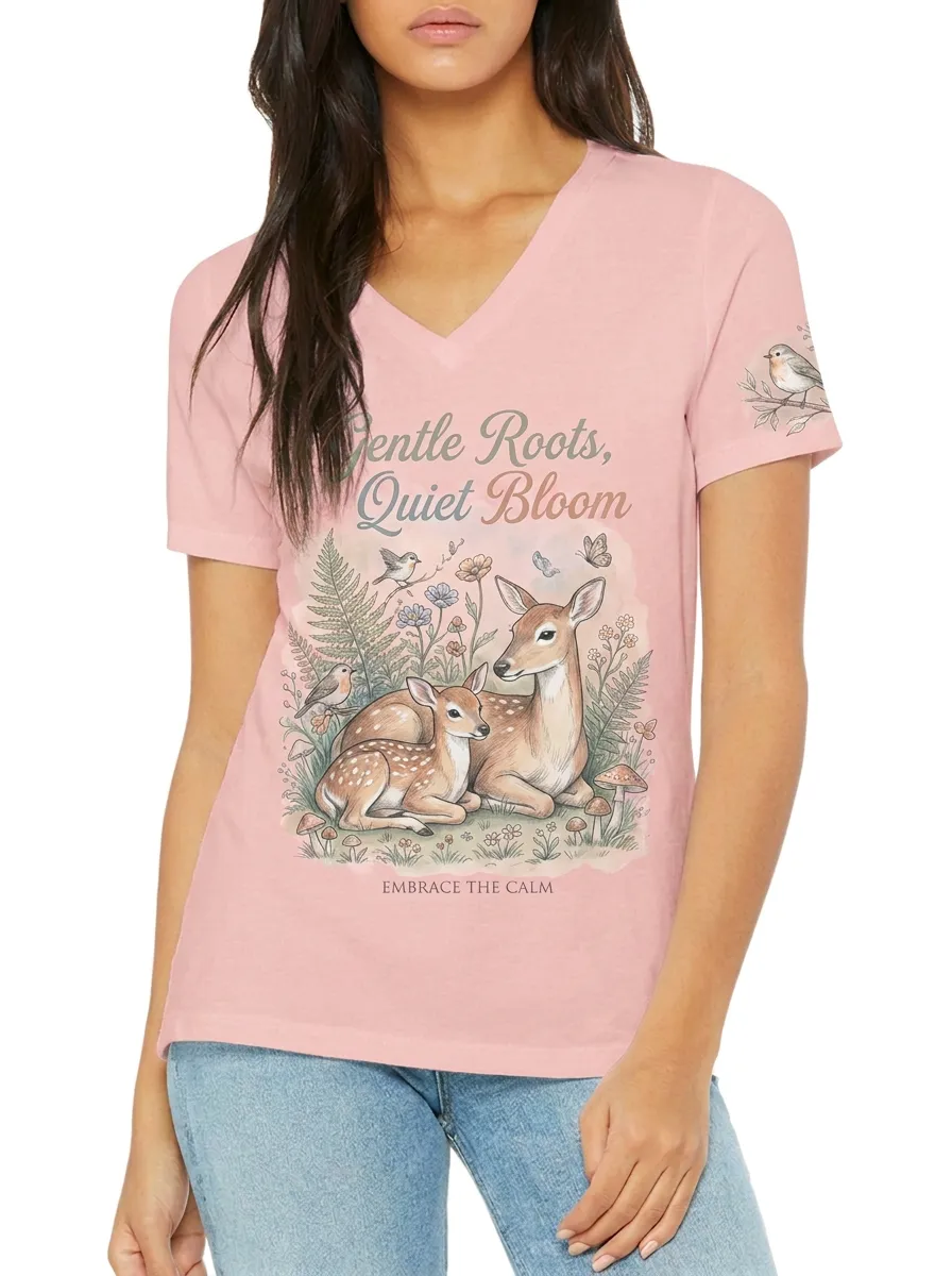 Women's Nature Lover Deer Forest Floral Printed V-neck T-shirt