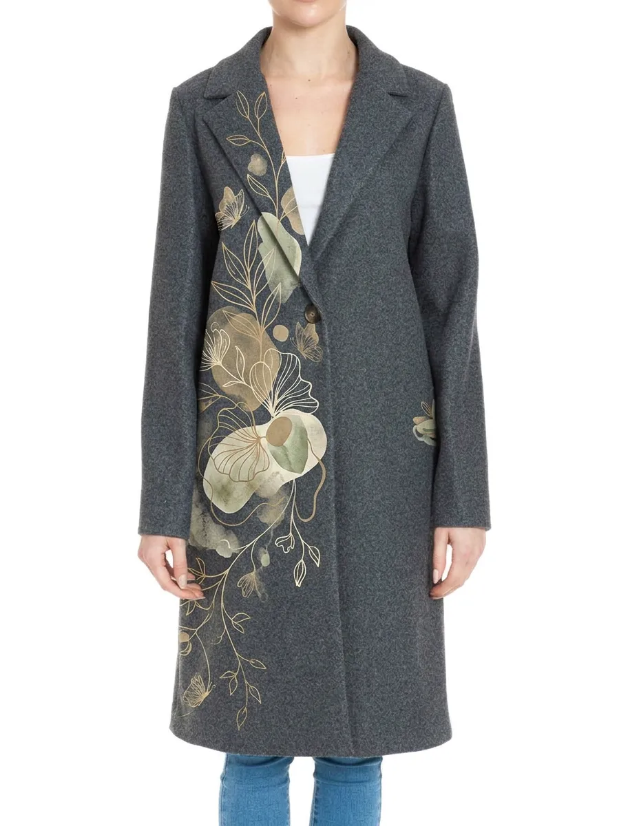 Women's Floral Art Lover Gold Botanical Printed Wool Coat