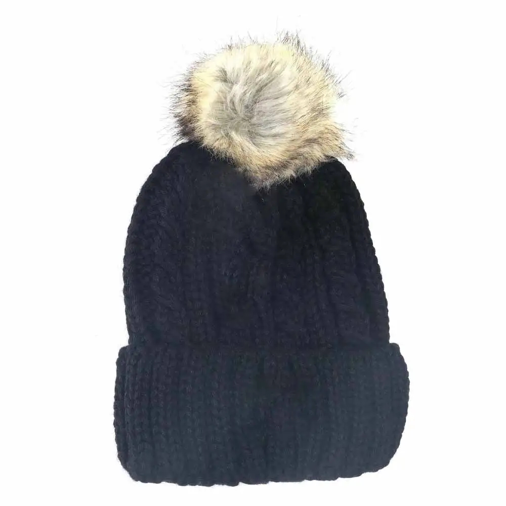 Cable Ribbed Fur Pom Beanie