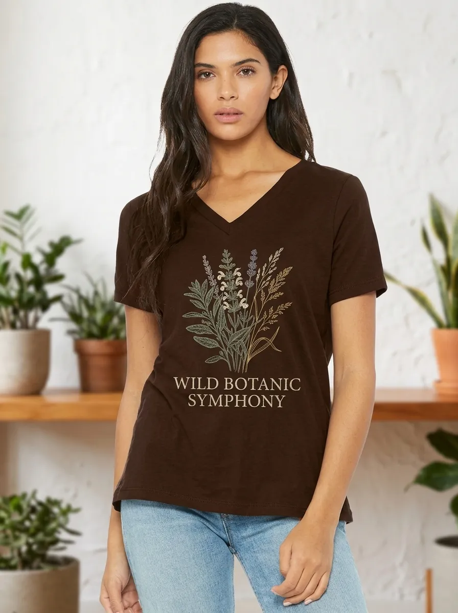 Women's Nature Lover Wild Botanic Symphony Floral Printed V-neck T-shirt