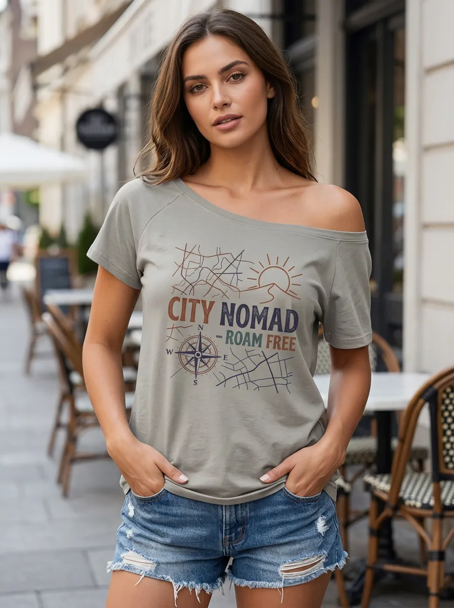 Women's City Nomad Travel Compass Map Printed Off-Shoulder T-shirt