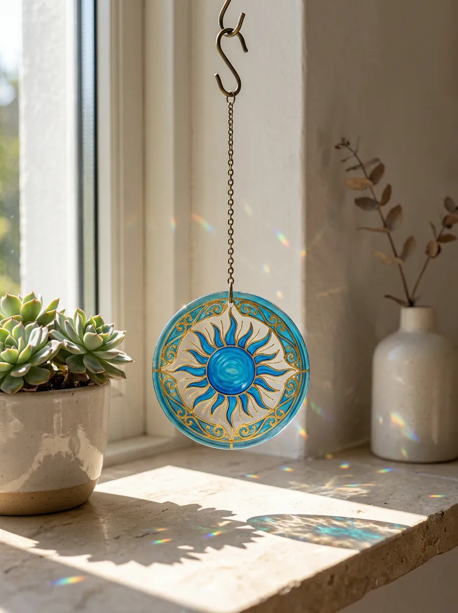 Boho Celestial Sun Blue Gold Printed Suncatcher