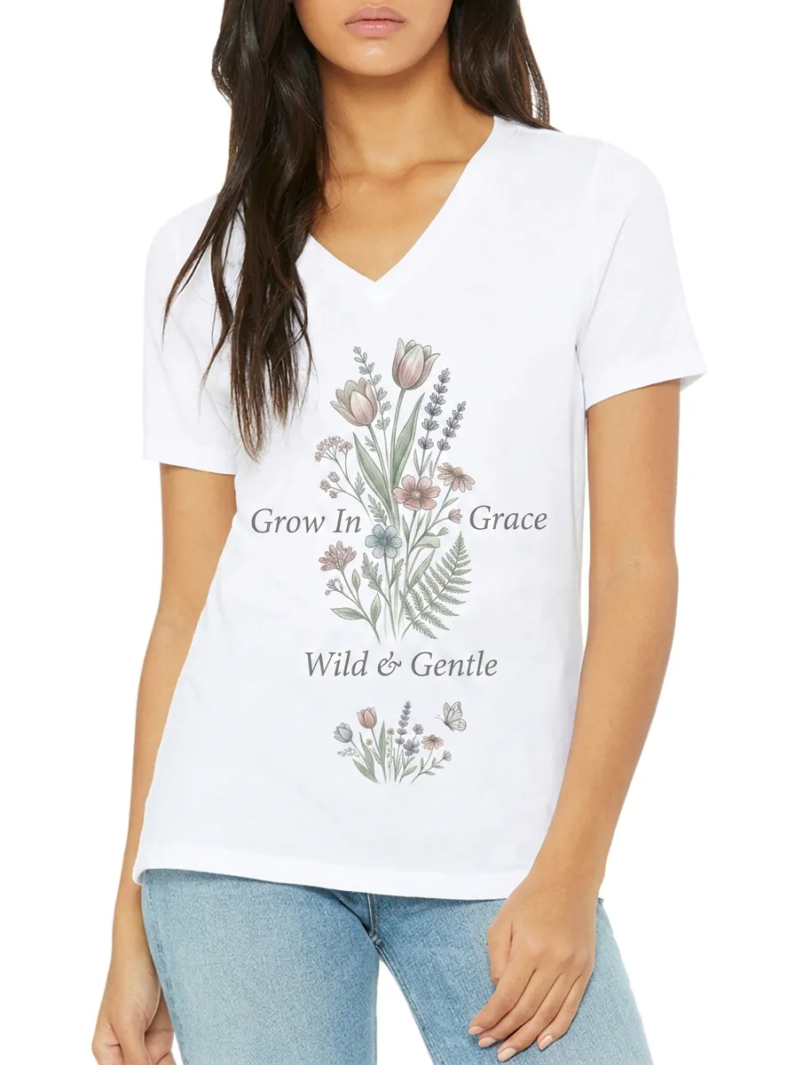 Women's Grow In Grace Wildflower Butterfly Printed V-Neck T-Shirt