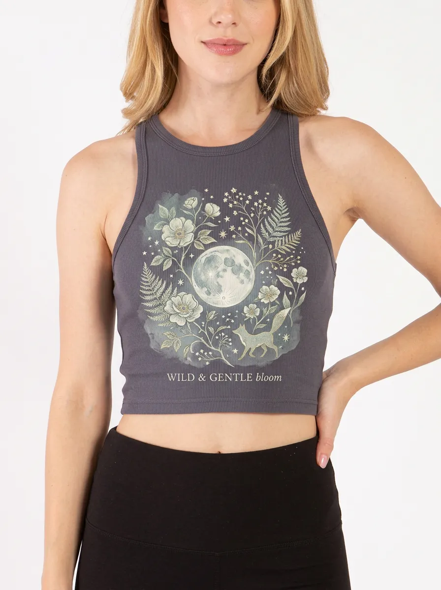 Women's Moon Fox Floral Nature Lover Printed Crop Top