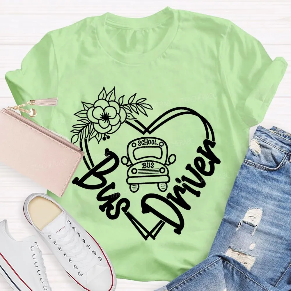 School Bus Driver Flower Heart And School Bus T-Shirt