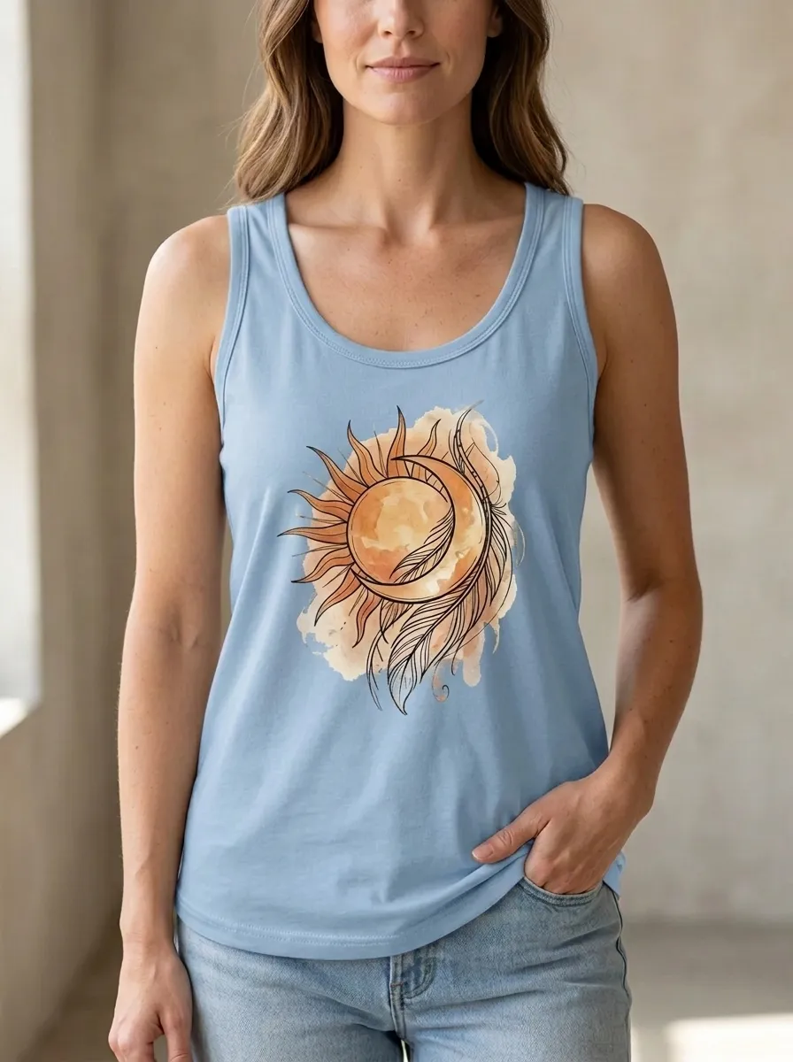 Women's Celestial Boho Sun Moon Feather Printed Tank Top