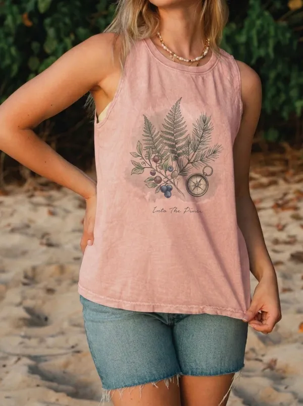 Women's Nature Lover Fern Compass Berry Printed Tank Top