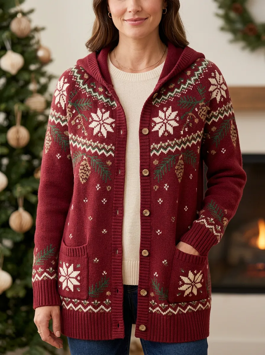 Christmas Snowflake Pinecone Pattern Print Festive Hooded Cardigan