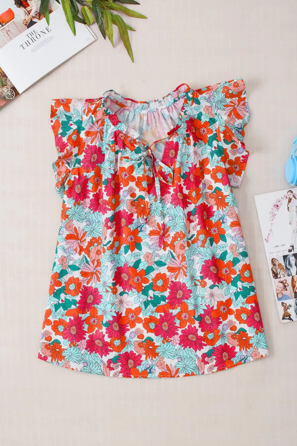 Floral Print Drawstring V Neck Ruffled Tank Top