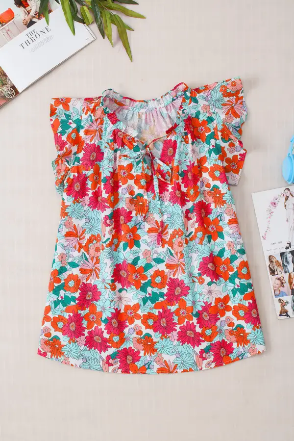 Floral Print Drawstring V Neck Ruffled Tank Top