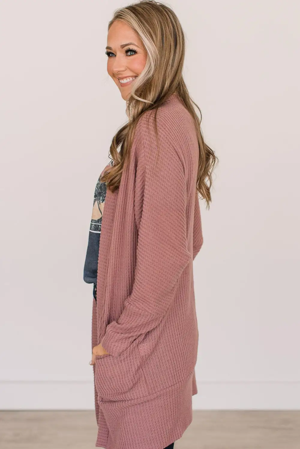 Solid Waffle Knit Pocketed Cardigan