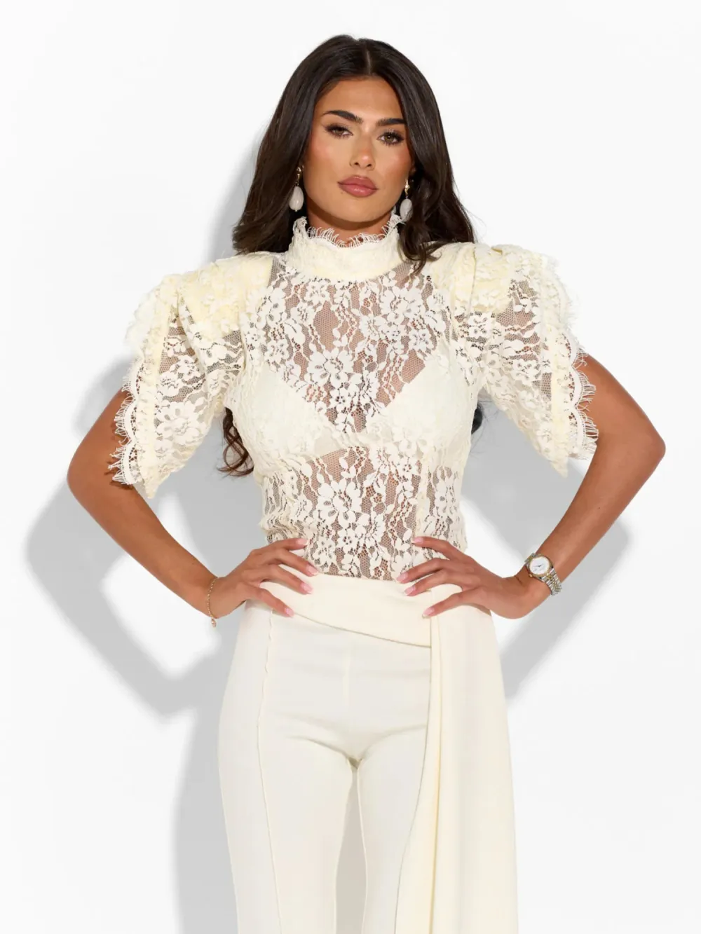 Rosalie Lace High Neck Top & Wide Leg Pants Set