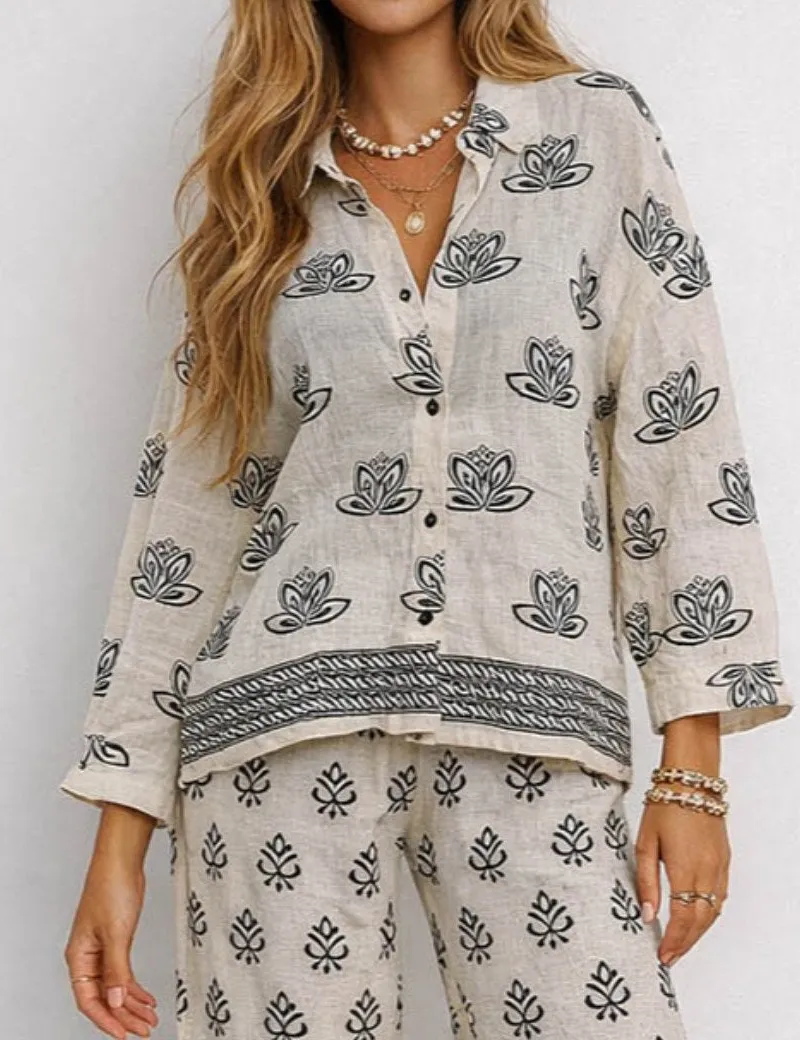 Boho Embroidery Collared Long Sleeve Blouse