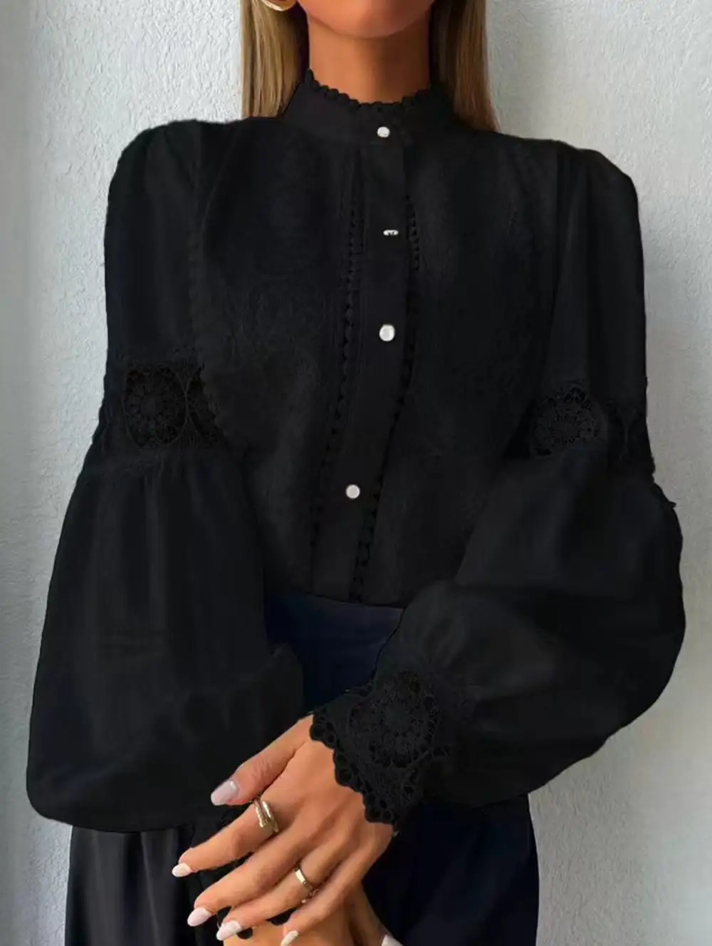 Lace Patch Lantern Sleeve Blouse