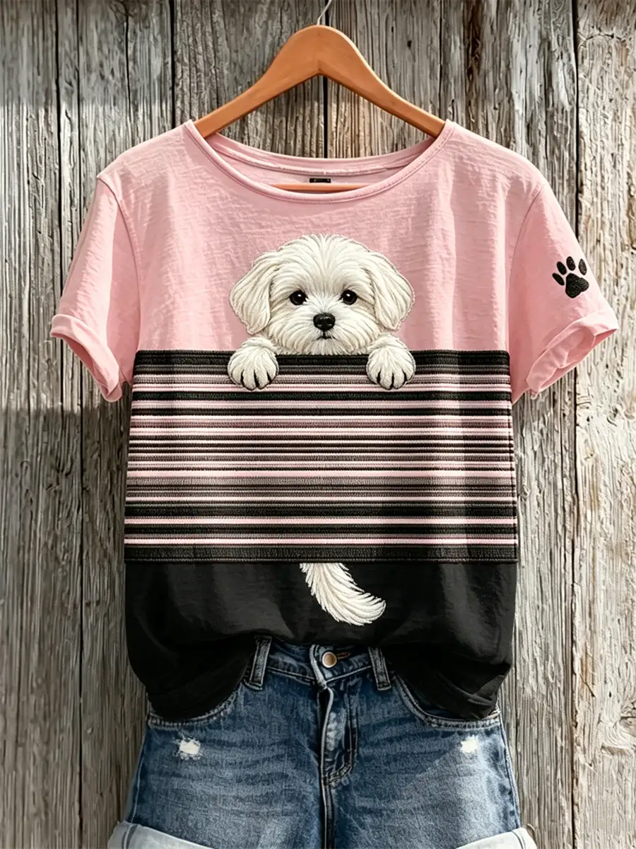 Women's Peeking Maltese Dog Colorblock Print short-sleeved T-shirt