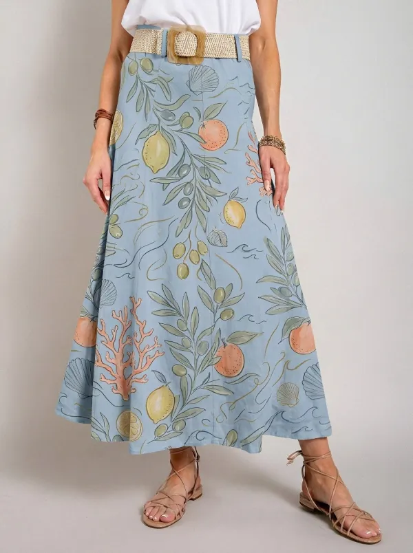 Women's Mediterranean Fruit Coral Shell Printed Maxi Skirt