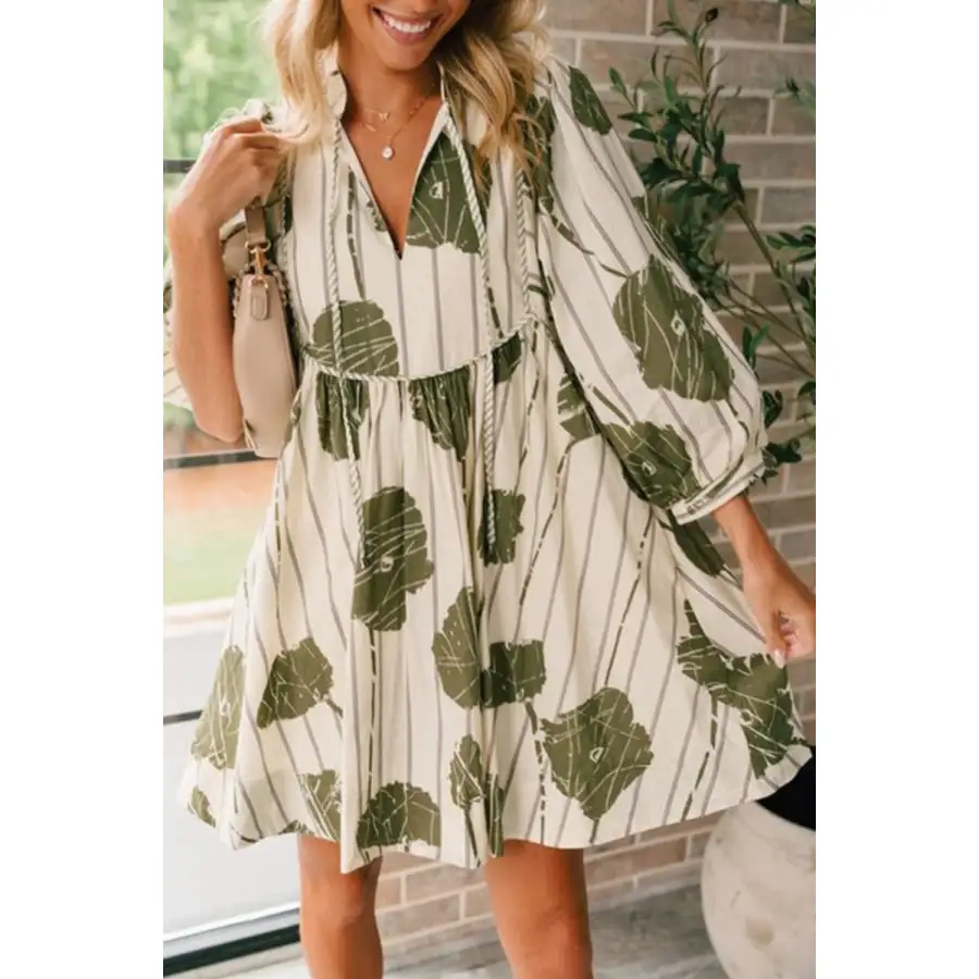 Soft Everyday Tie Neck Three-Quarter Sleeve Mini Dress