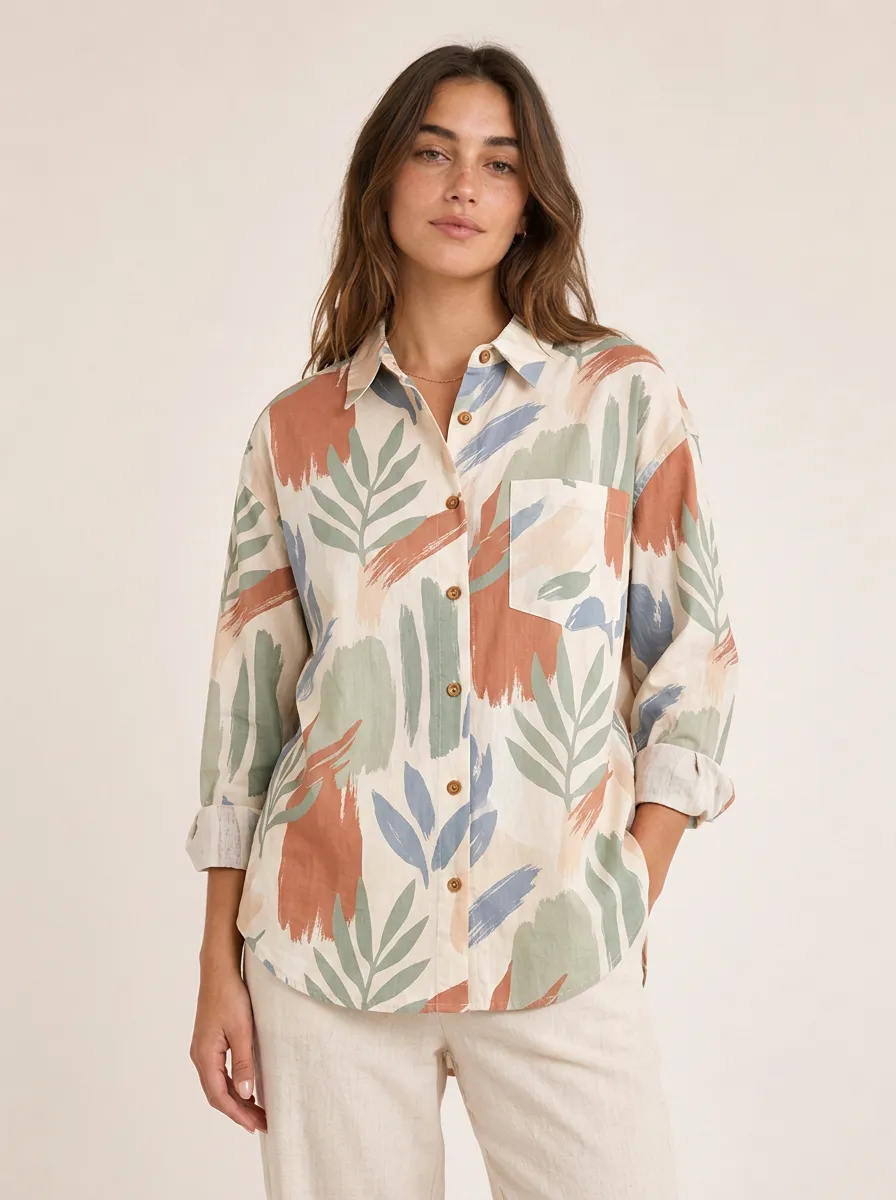 Women's Botanical Abstract Brushstroke Printed Button-down Shirt