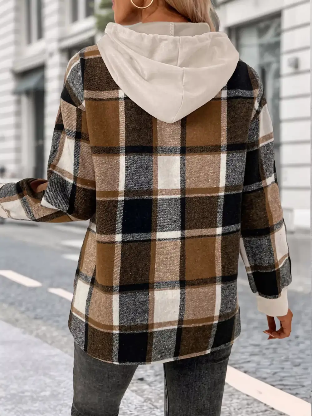 Relaxed Drawstring Long-Sleeve Plaid Hoodie