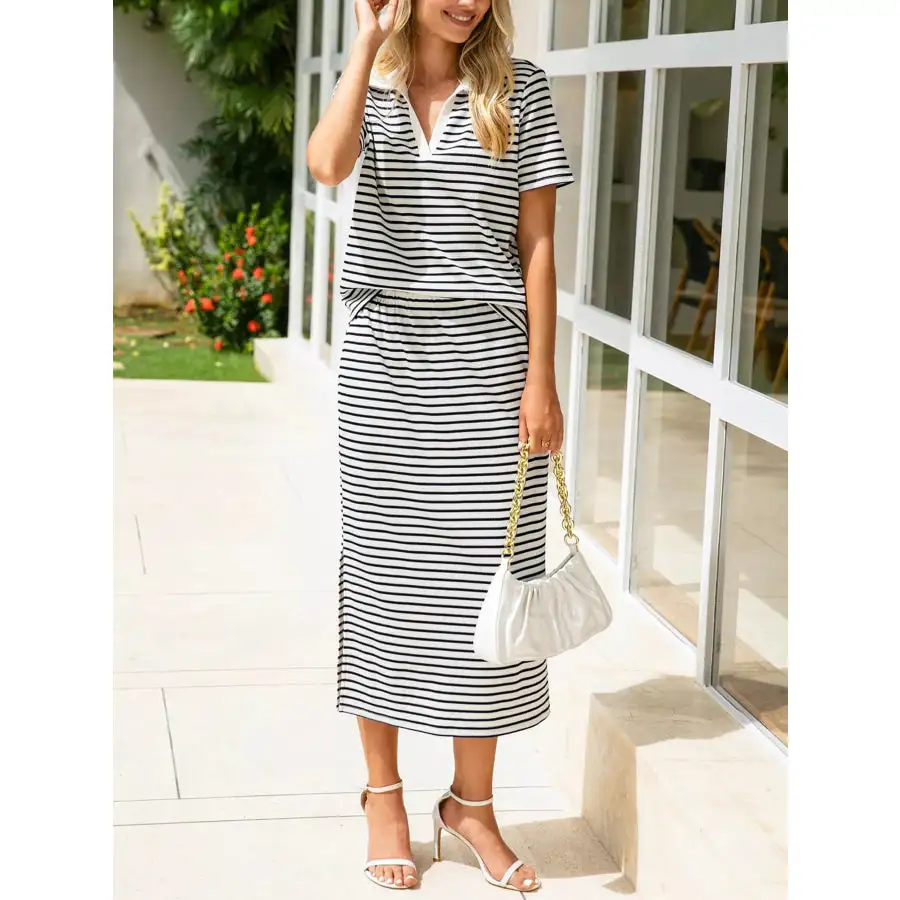 Modern Striped Polo Collar Top And Slit Skirt Two-Piece