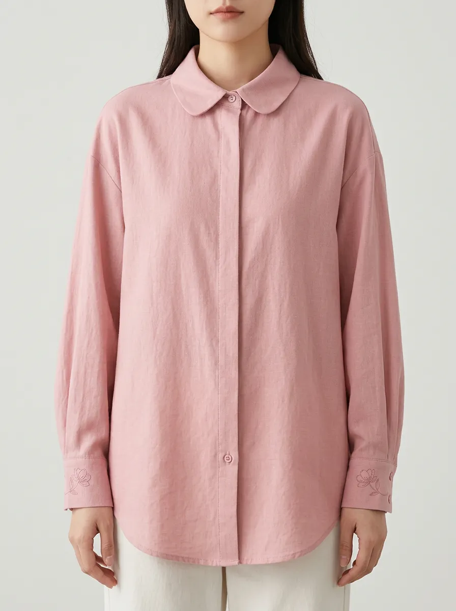 Women's Casual Pink Floral Embroidered Cuff Long Sleeve Shirt