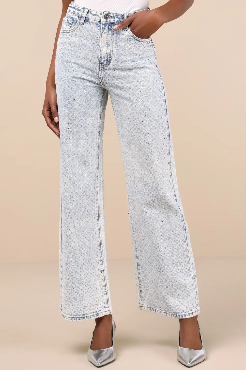 Light Wash Casual Style Light Wash Denim Rhinestone Wide-Leg Jeans
