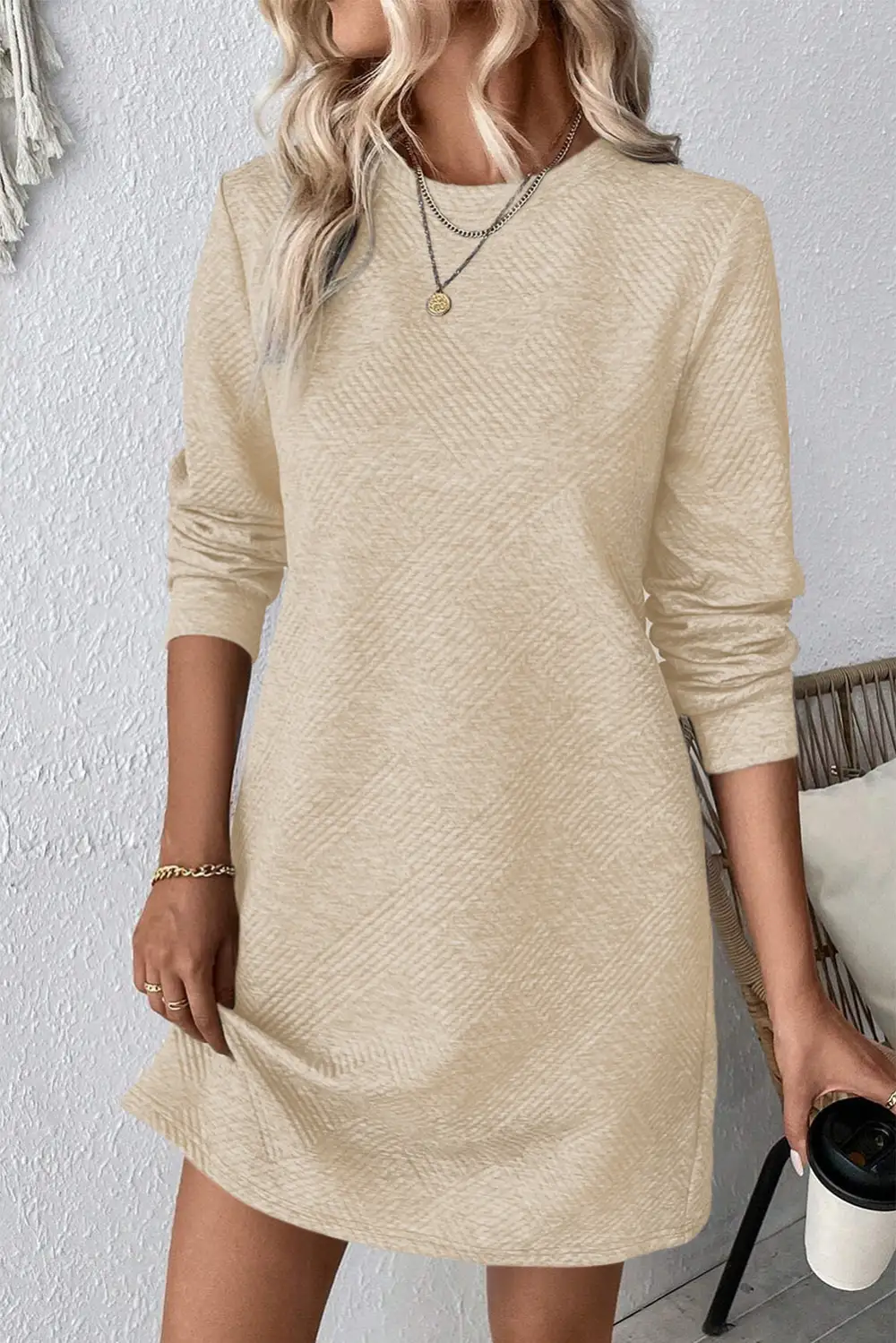 Studio Textured Long Sleeve Shift Mini Dress