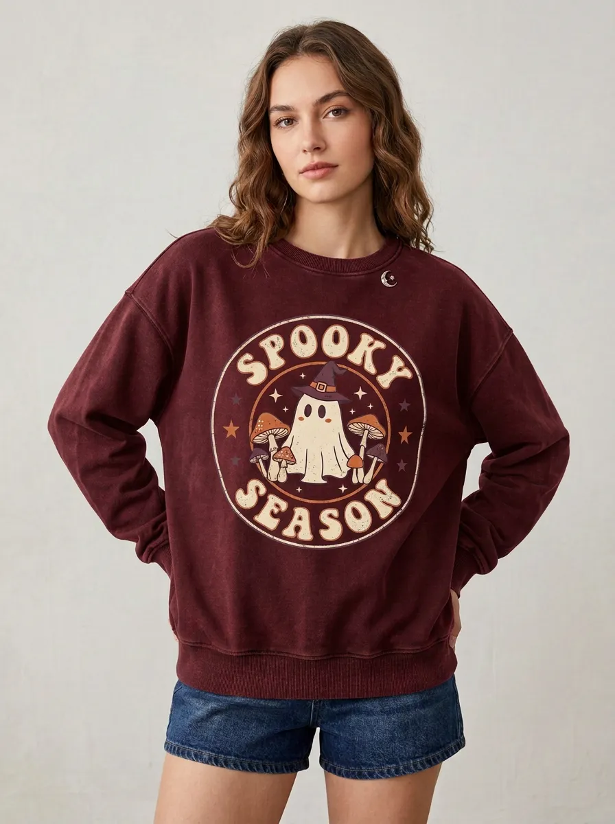 Women's Halloween Spooky Season Ghost Mushroom Printed Sweatshirt