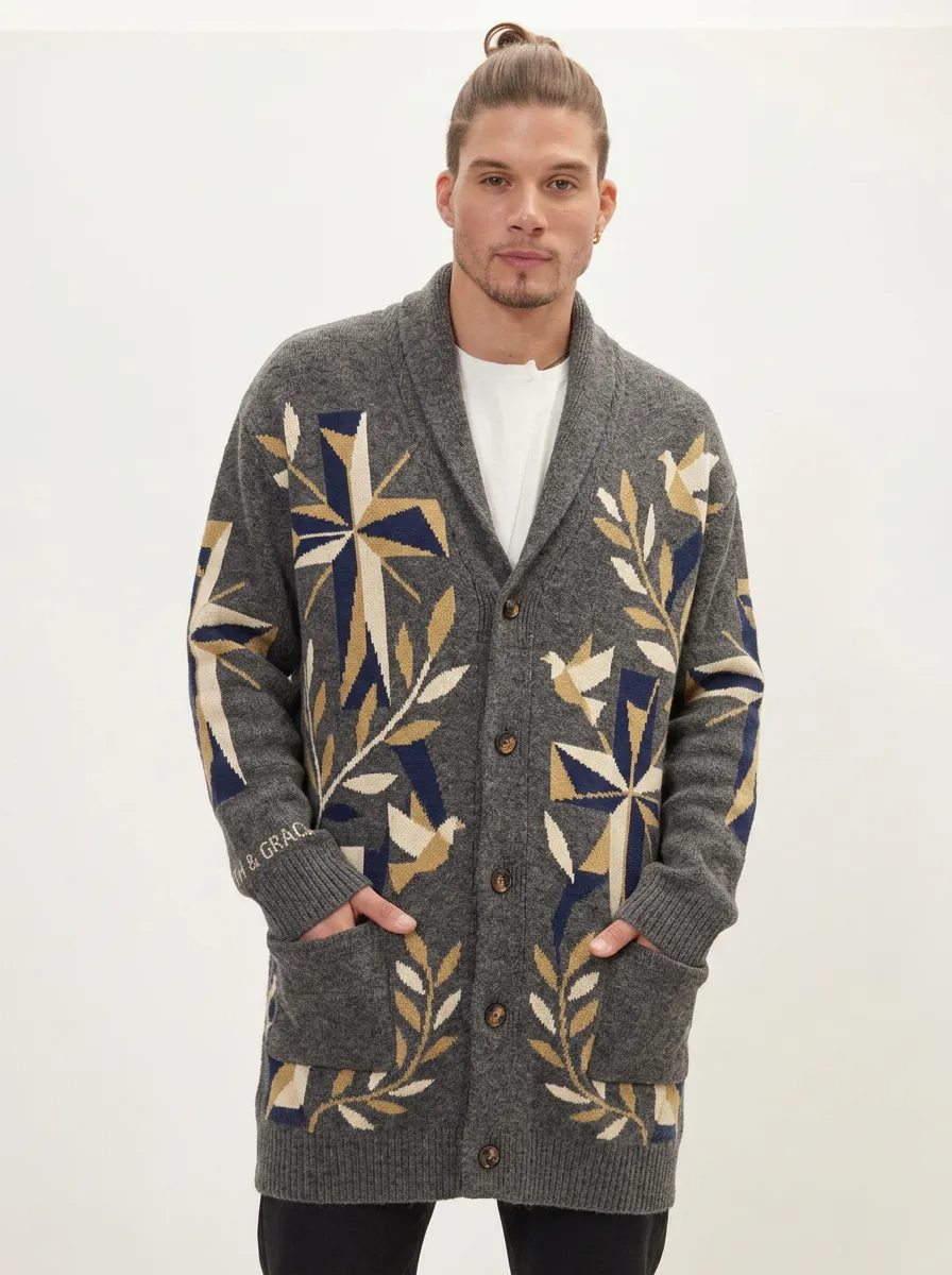 Men's Faith Religious Dove Cross Pattern Printed Cardigan