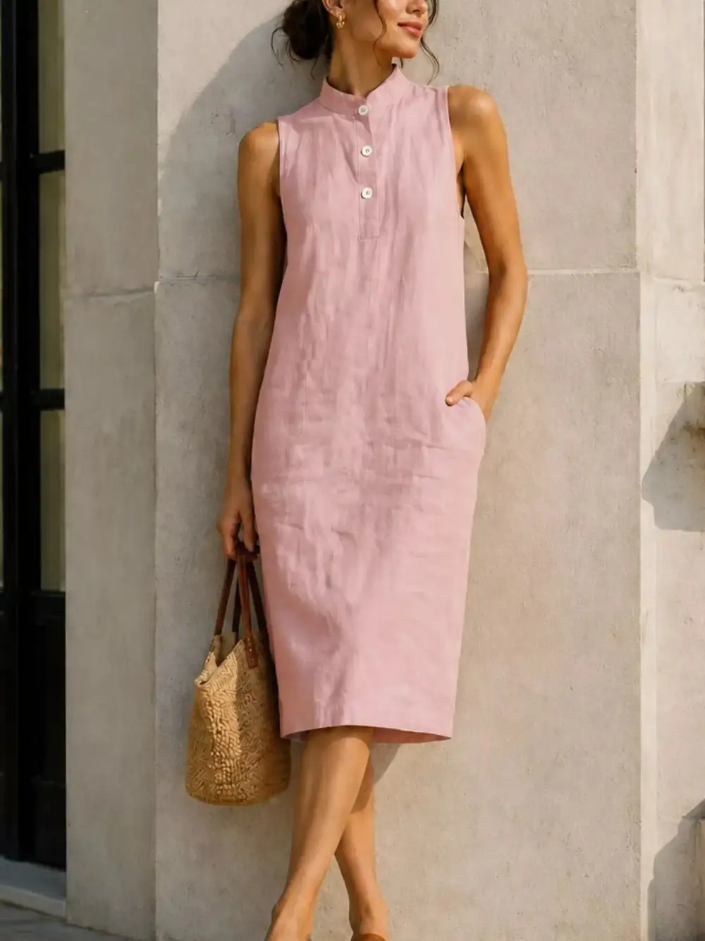 Button Detail Sleeveless Midi Dress