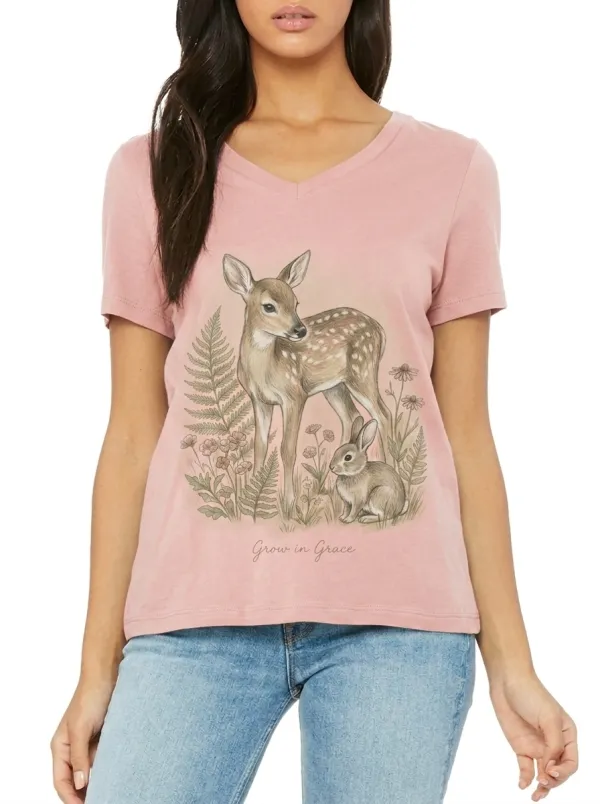 Women's Nature Lover Fawn Rabbit Grow in Grace Printed V-Neck T-Shirt