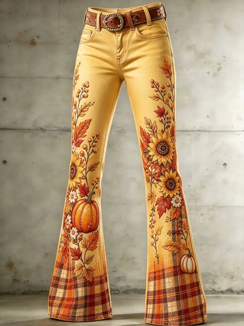 Women Sunflower Pumpkin Fall Floral Print Flare Jeans