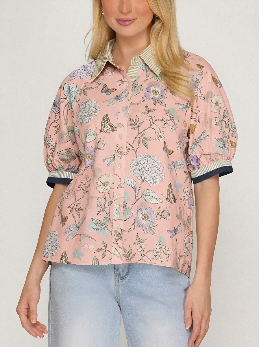 Women's Botanical Nature Lover Butterfly Dragonfly Printed Blouse