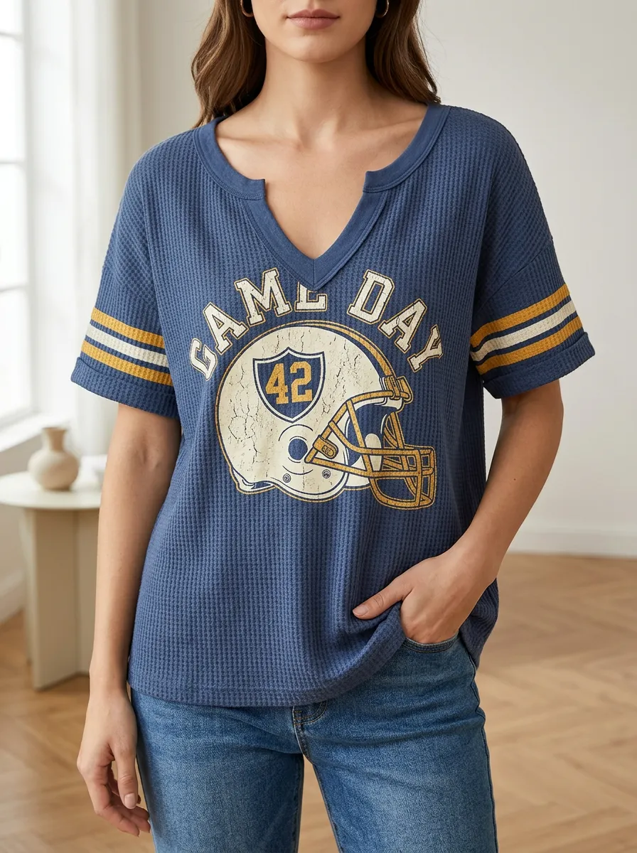 Women's Football Fan Game Day Helmet 42 Printed Waffle Top