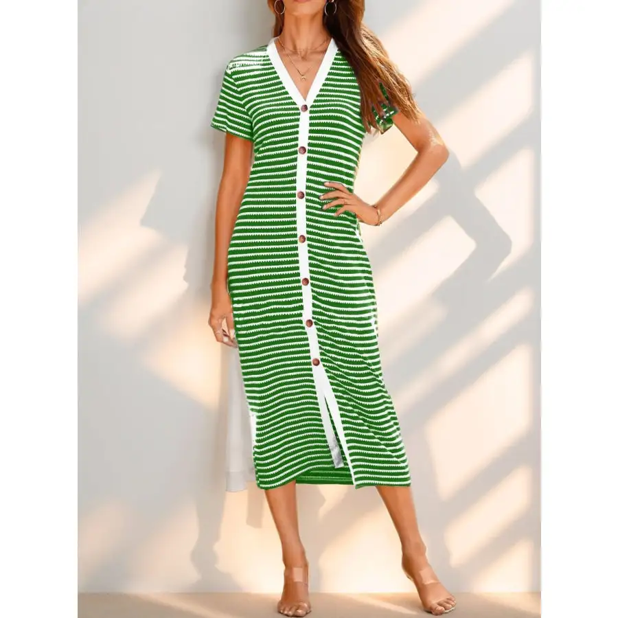 Contrast V-Neck Short Sleeve Midi Dress