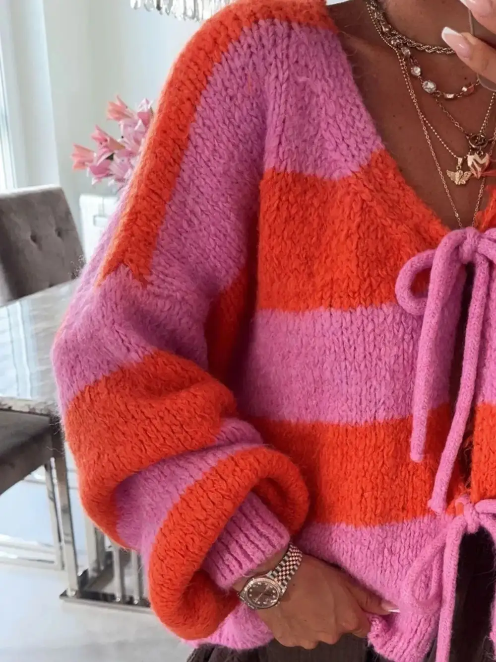 Tie-Front Knit Striped Cardigan