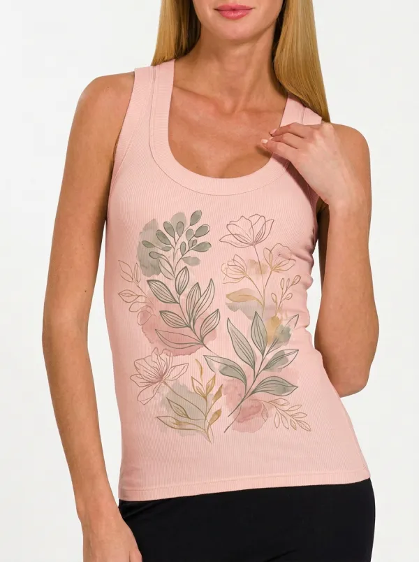 Women's Botanical Nature Lover Watercolor Floral Printed Ribbed Tank Top