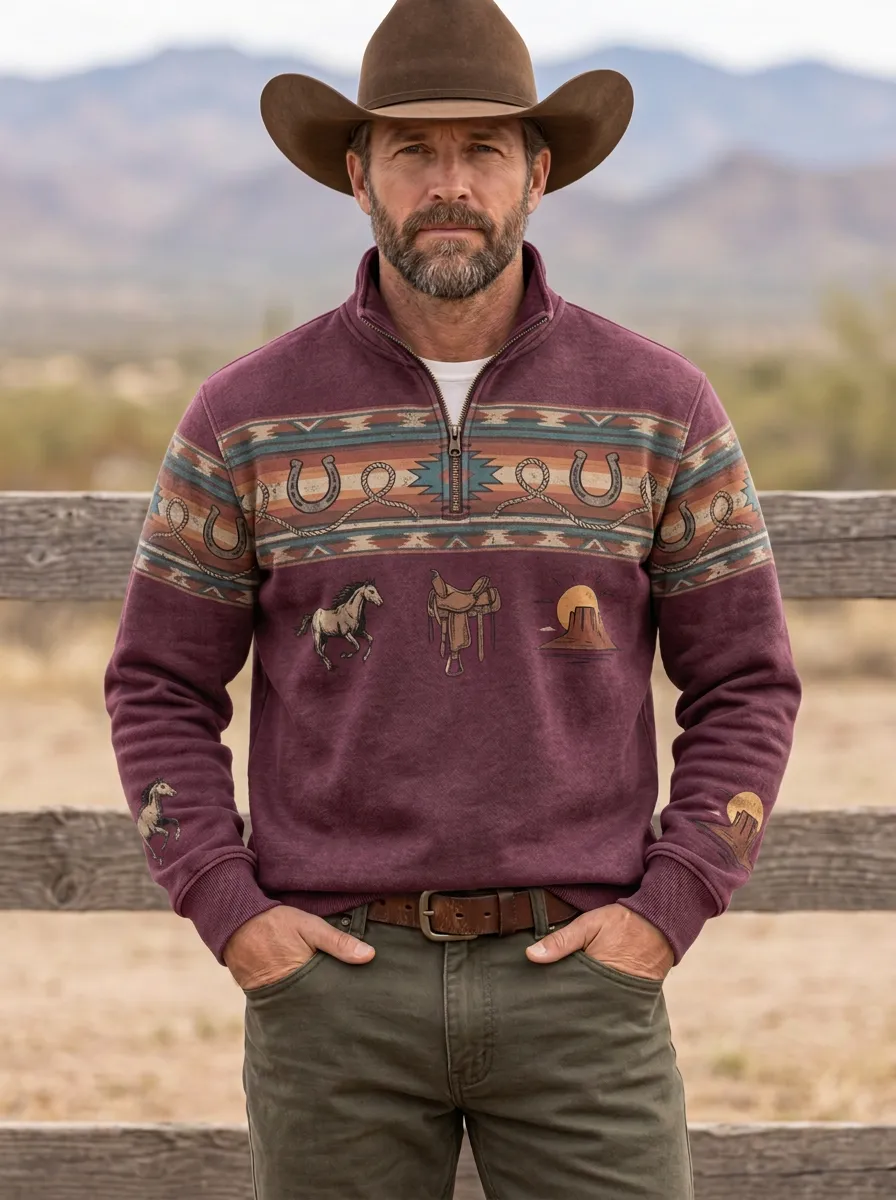 Men's Western Cowboy Horse Saddle Quarter-Zip Sweatshirt