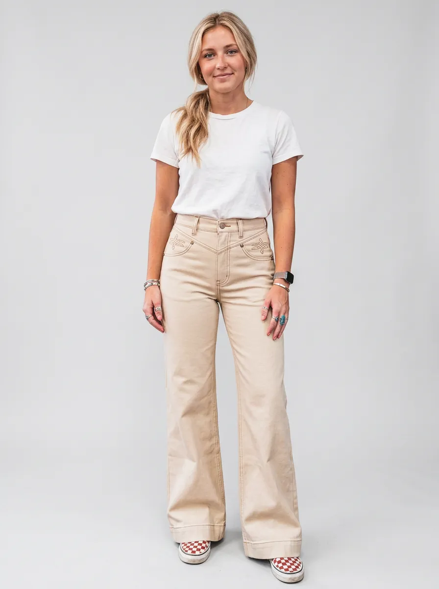 Women's Western Style Embroidered Beige Wide Leg Jeans